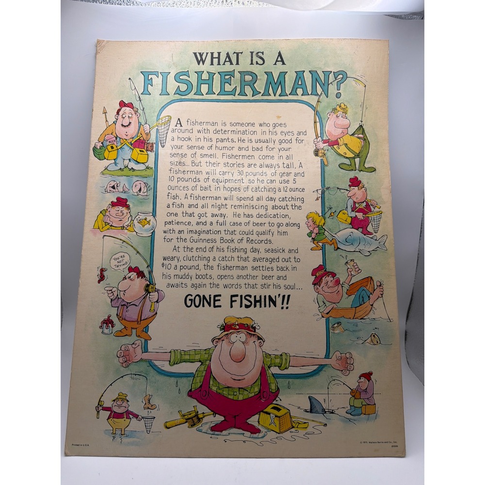 Vintage 1975 Wallace Berrie What Is A Fisherman Humorous Sign Wall Plaque 6506